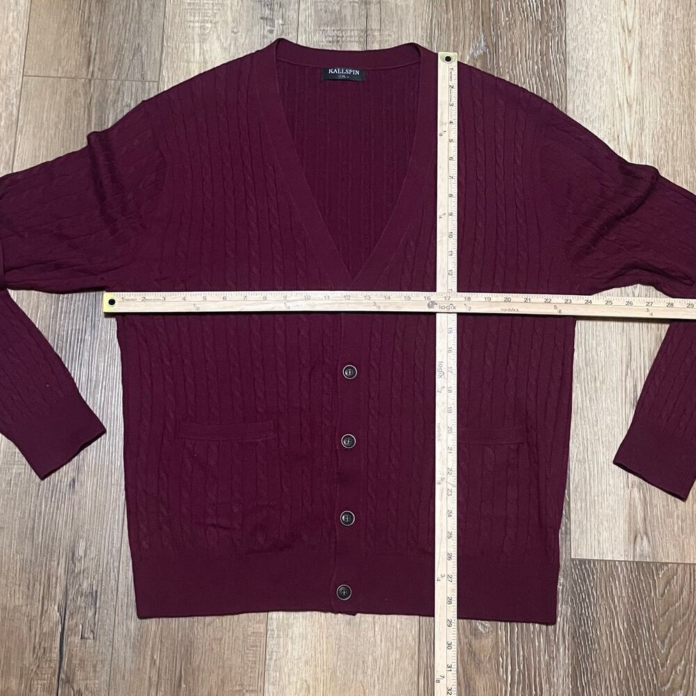 Kallspin Wool Blend Cable Knit Cardigan Sweater XL V-Neck Maroon Grandpa Preppy - Picture 9 of 9